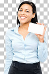 PNG Shot of a young ethnic businesswoman holding up a business card 