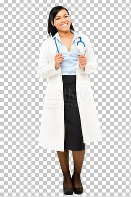 Buy stock photo Woman, doctor and happy portrait with a smile isolated on a transparent, png background. Clinic, professional and lab worker with career confidence of a young female healthcare and hospital employee
