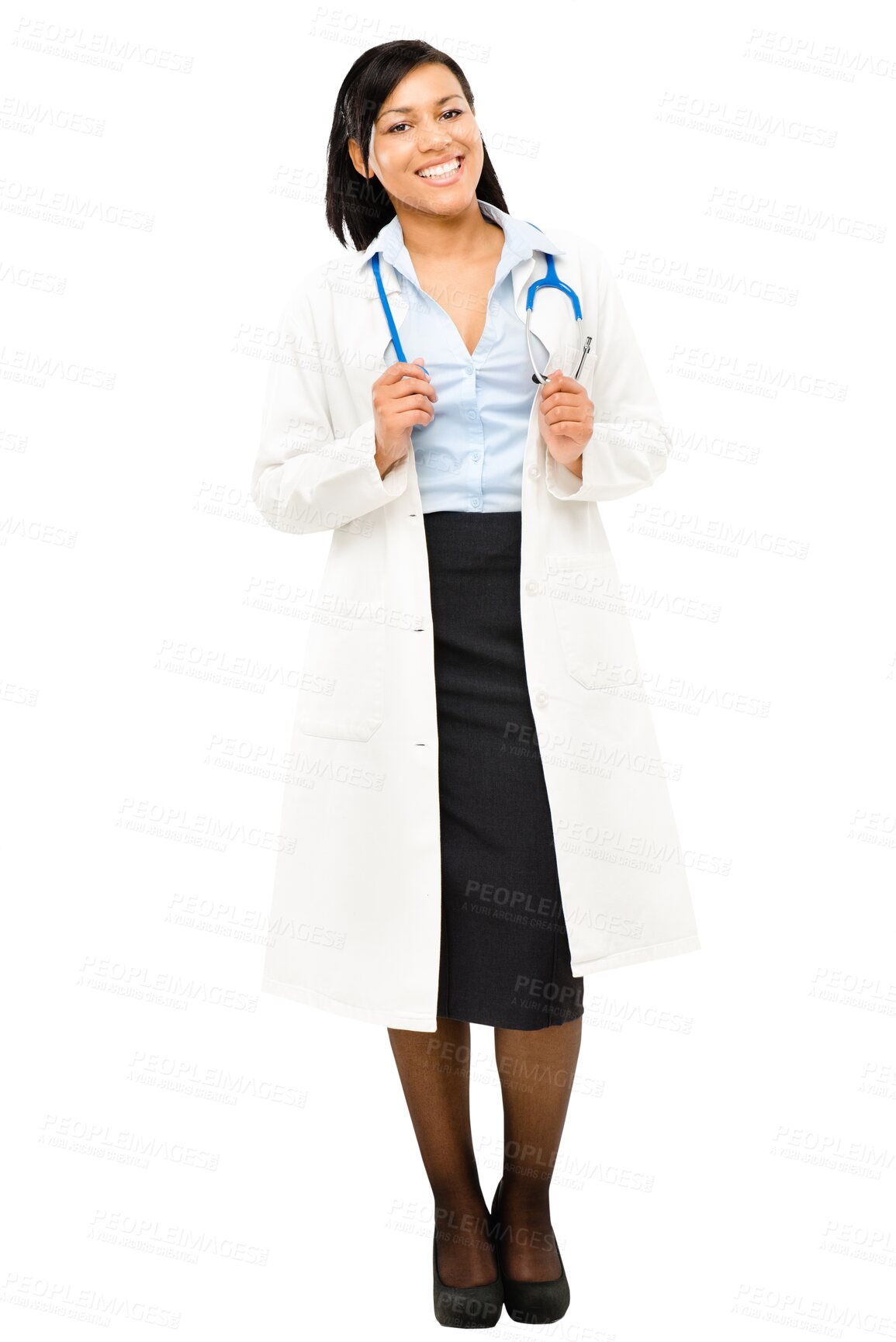 Buy stock photo Woman, doctor and happy portrait with a smile isolated on a transparent, png background. Clinic, professional and lab worker with career confidence of a young female healthcare and hospital employee
