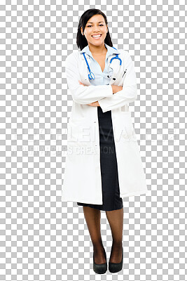 Buy stock photo Woman, doctor and arms crossed portrait with a smile isolated on a transparent, png background. Happy, professional and lab worker with career confidence of a young female healthcare and employee
