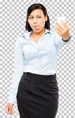 Buy stock photo Business woman, selfie and tongue out isolated on a transparent, png background. Female corporate employee, young worker and photo for social media app and profile picture with silly and emoji face
