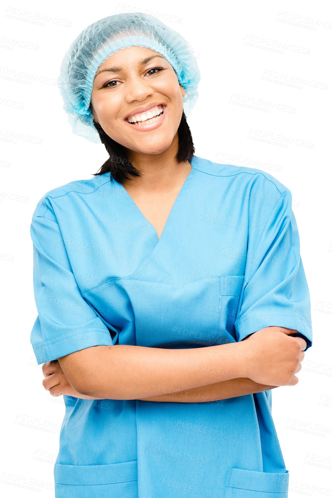Buy stock photo Isolated nurse woman, scrubs and portrait with smile, health or arms crossed by transparent png background. Doctor, medic or medical student with hairnet, ppe or healthcare for wellness at clinic job