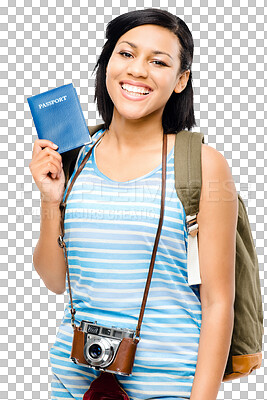 Buy stock photo Woman, travel and passport with portrait and photographer on holiday with a smile. Young female, ID document and happy isolated on transparent, png background traveling on vacation with photography
