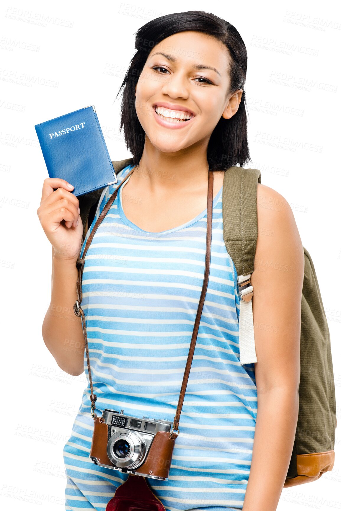 Buy stock photo Woman, travel and passport with portrait and photographer on holiday with a smile. Young female, ID document and happy isolated on transparent, png background traveling on vacation with photography
