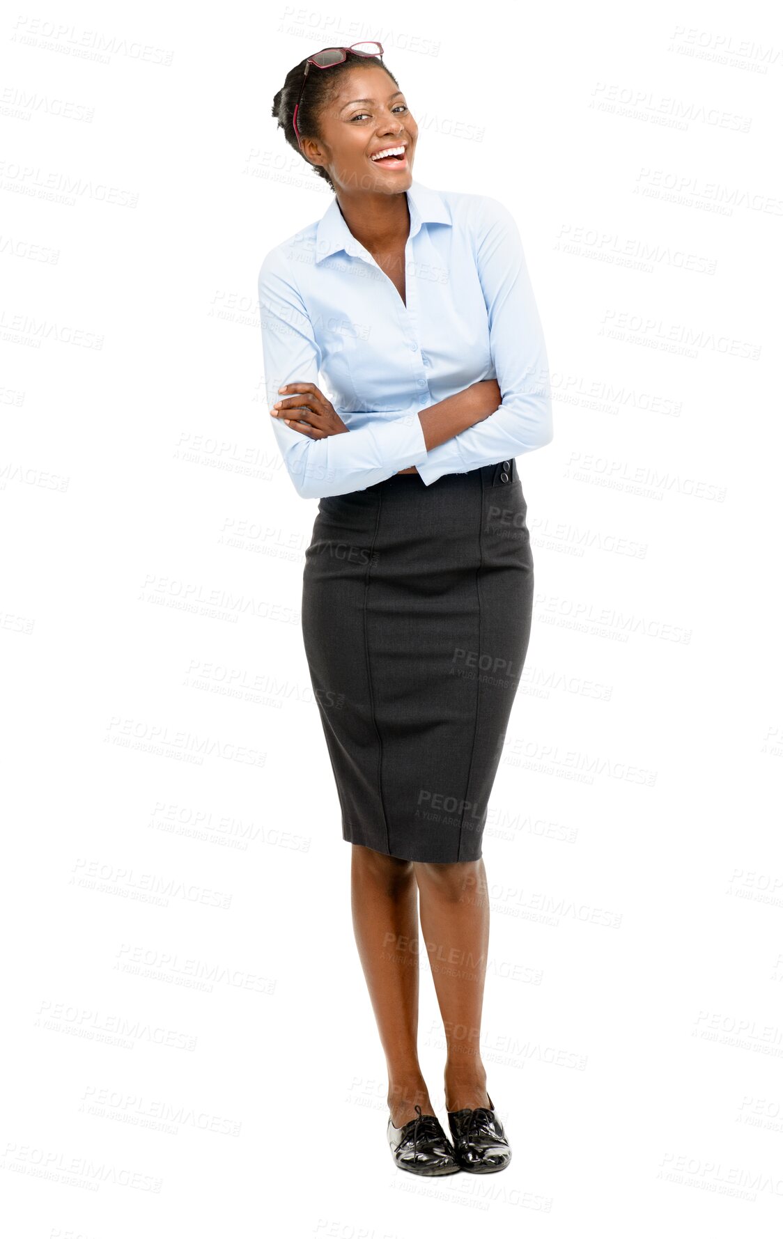 Buy stock photo Portrait of happy black woman, arms crossed and employee isolated on transparent png background. Female person smile with corporate confidence, business pride and laughing for professional ambition