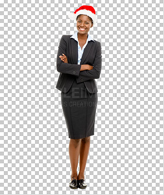 Buy stock photo Isolated business woman, Christmas hat or portrait with arms crossed, smile and transparent png background. African businesswoman, suit and xmas fashion with happiness, holiday or festive celebration