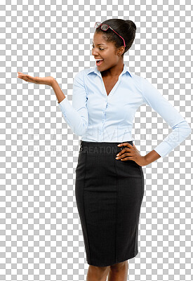 Buy stock photo Isolated business woman, open palm and excited smile for promotion by transparent png background. African businesswoman, hand and happiness with choice, decision and promo with invisible product