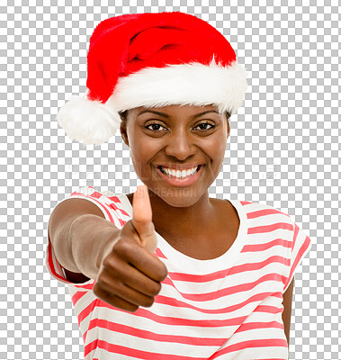 Buy stock photo Isolated African woman, thumbs up and Christmas hat with yes, choice and review by transparent png background. Girl, hand sign and excited with icon, emoji and happy for opinion with xmas portrait