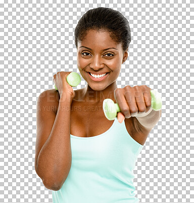 Buy stock photo Isolated black woman, dumbbells exercise and portrait with smile, punch or fist by transparent png background. African girl, bodybuilder or weightlifting with pride, happy or workout for fitness goal