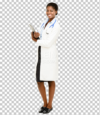 Buy stock photo Isolated black woman, doctor and clipboard in portrait, pride and wellness by transparent png background. Medic, health expert and nurse with happiness, checklist or smile for healthcare info at job