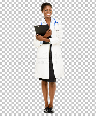 Buy stock photo Isolated African woman, doctor and clipboard with smile, pride and wellness by transparent png background. Medic, health expert and nurse with happiness, checklist and portrait for healthcare job