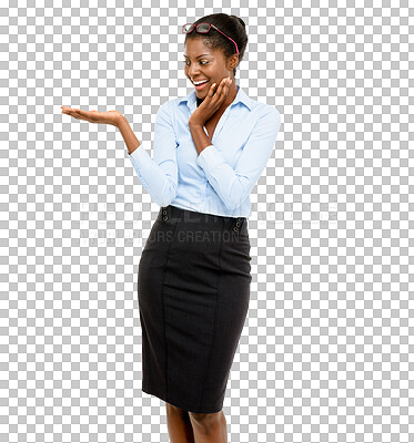 Buy stock photo Wow, surprise and product with a black woman isolated on a transparent background to show information. Logo, marketing and palm with an excited young female brand ambassador on PNG for advertising