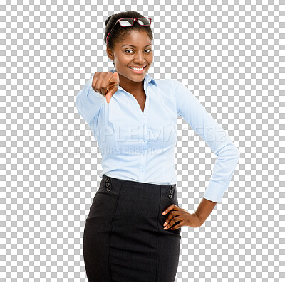 Buy stock photo Isolated African businesswoman, portrait or point at you for recruitment by transparent png background. Human resources, hiring and black woman manager with smile, gesture or show opportunity for you