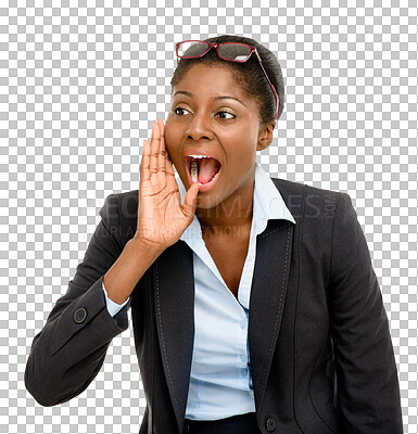 Buy stock photo Isolated african businesswoman, shout and calling for recruitment, deal or sale by transparent png background. Black woman, entrepreneur or scream for hiring opportunity, promotion and hr management