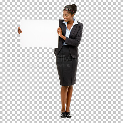 Buy stock photo Isolated African businesswoman, blank board and mock up with smile, promotion and transparent png background. Young business woman, mockup space and happy with paper poster, opinion and recruitment