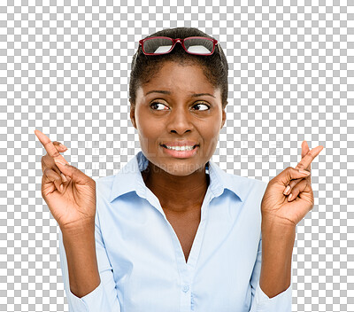 Buy stock photo Black woman, thinking and fingers crossed for luck or hope isolated on a transparent PNG background. Face of African female person in doubt with finger cross for lucky draw, prize or competition