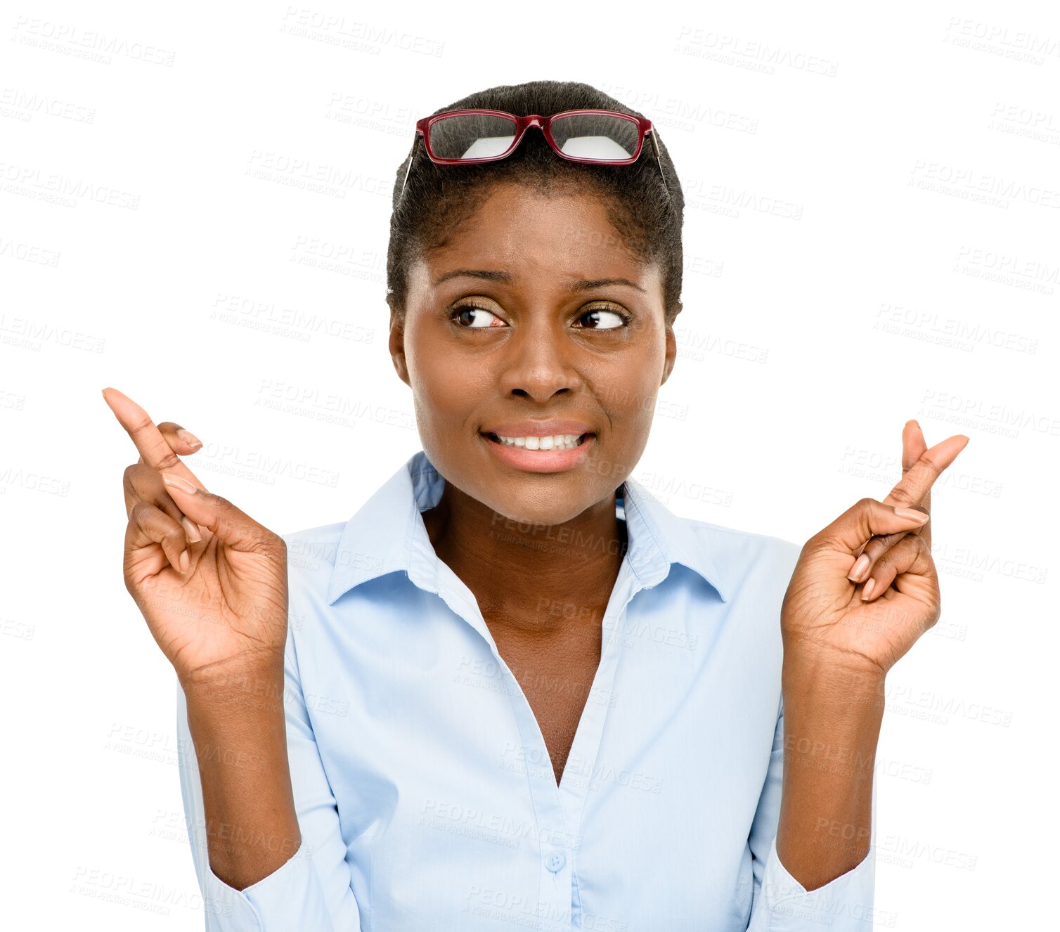 Buy stock photo Black woman, thinking and fingers crossed for luck or hope isolated on a transparent PNG background. Face of African female person in doubt with finger cross for lucky draw, prize or competition