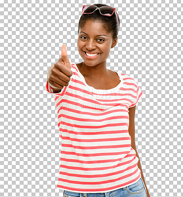 Buy stock photo Thumbs up, happy and portrait of black woman with smile on isolated, PNG and transparent background. Hand gesture, fashion and female person with emoji sign for thank you, agreement and approval