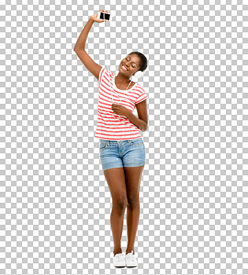 Buy stock photo Isolated African woman, headphones and dancing with smile, phone and music by transparent png background. Girl, student or young dancer with smartphone, happy and listen to playlist on streaming app