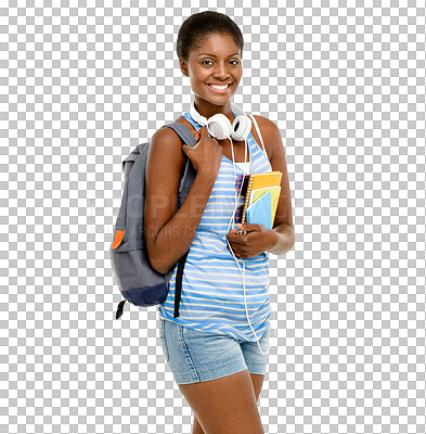 Buy stock photo Isolated black woman, portrait and books with backpack, smile and learning goal by transparent png background. Student girl, education and notebook for development, university or college with pride