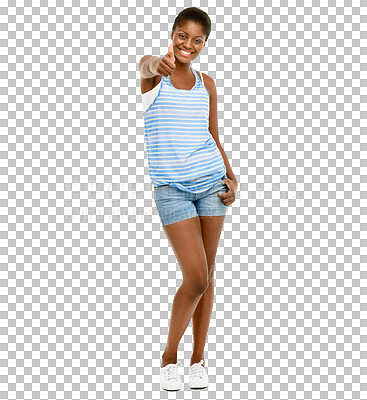 Buy stock photo Portrait, thumbs up and motivation with a black woman isolated on a transparent background for support. Thank you, yes and like with a young female person on PNG to gesture an emoji for a good deal