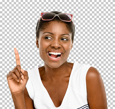 Buy stock photo Fashion, pointing and face of happy black woman on isolated, PNG and transparent background. Marketing, beauty and excited female person with hand gesture for selection, branding and advertising