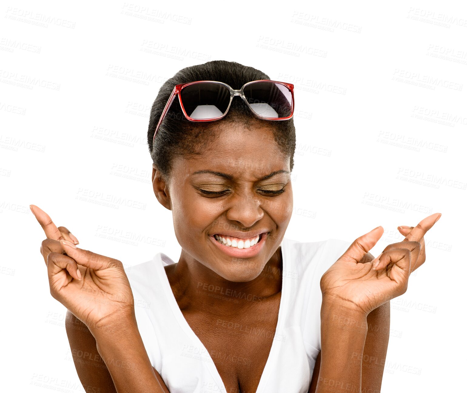 Buy stock photo Black woman, fingers crossed and smile for hope, wish and isolated on transparent png background. Female model with hand gesture, waiting for good luck and emoji, miracle with praying and opportunity