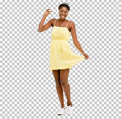 Buy stock photo Woman, portrait and dancing with headphones with music, smile and casual fashion. African female person, web audio and isolated on a transparent, png background feeling happy with dance in dress
