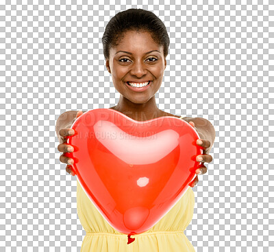 Buy stock photo Portrait, heart and balloon with a black woman on valentines day isolated on a transparent background. Love, emoji and romance with a happy young female person smiling while holding a shape on PNG