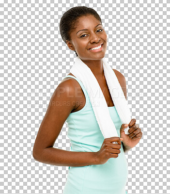 Buy stock photo Fitness, woman and portrait with a smile from workout and training for health and wellness. African female person, towel and isolated on a transparent, png background with exercise feeling healthy
