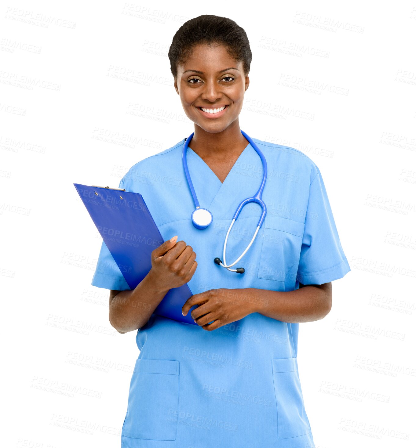 Buy stock photo Isolated african nurse, woman and clipboard with smile, pride and wellness by transparent png background. Medic, doctor and medical student with happiness, checklist and portrait for healthcare job