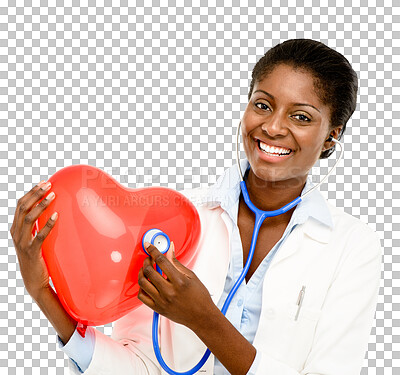 Buy stock photo Isolated black woman, doctor and heart balloon with stethoscope in portrait by transparent png background. African medic, nurse and cardiology test for healthcare, wellness and care at hospital job