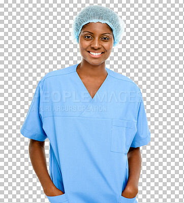 Buy stock photo Nurse, woman and portrait with medical cap, scrubs and smile with hands in pocket isolated on transparent png background. Happy doctor, black female nursing ppe for healthcare job at wellness clinic 