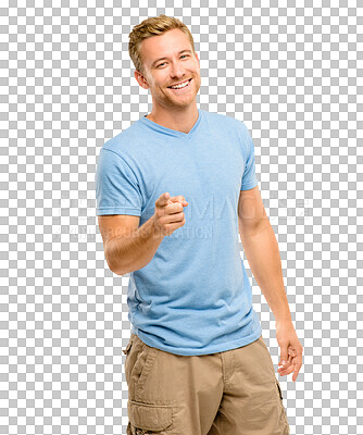 Buy stock photo Hey you, pointing and man portrait with a smile isolated on a transparent, png background. Happy, male person and choice with hand sign and casual fashion with confidence and modern style clothing
