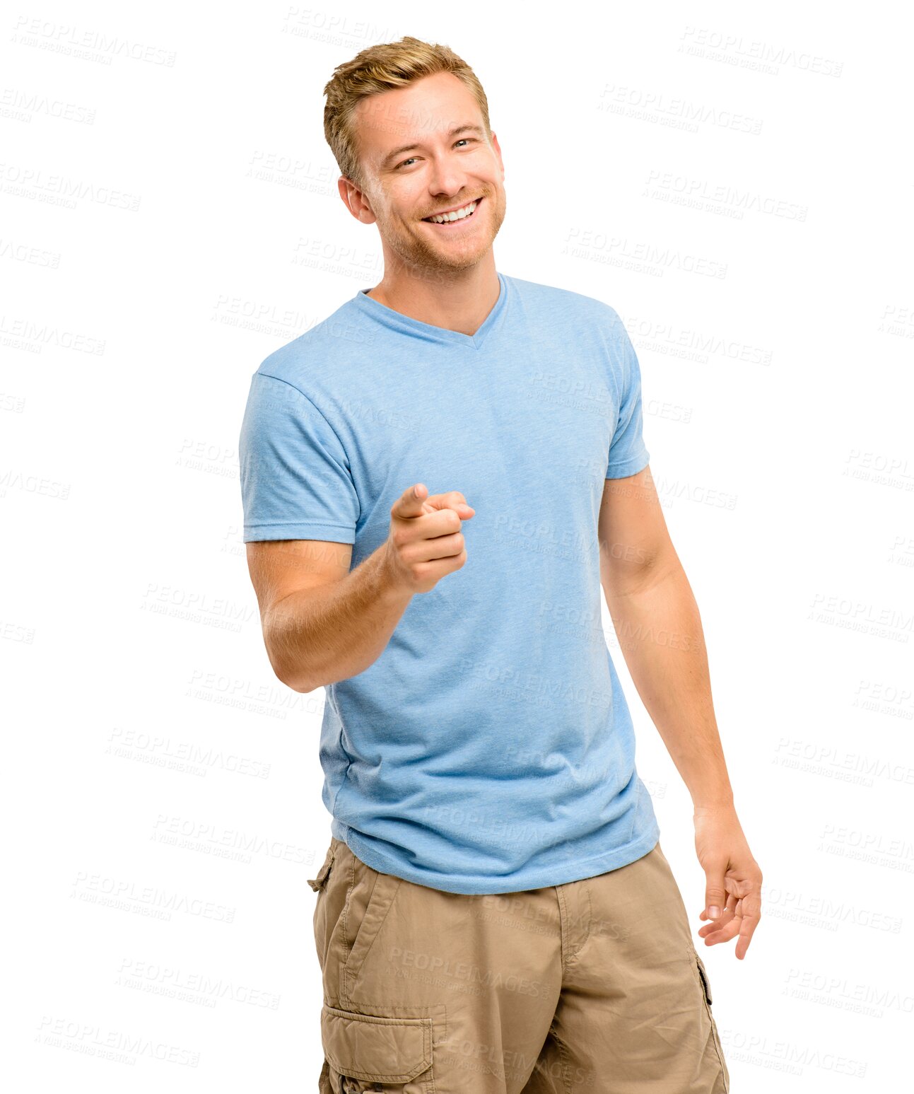 Buy stock photo Hey you, pointing and man portrait with a smile isolated on a transparent, png background. Happy, male person and choice with hand sign and casual fashion with confidence and modern style clothing
