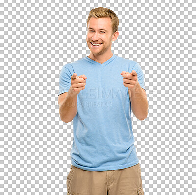 Buy stock photo Hey you, hand and portrait of man pointing with smile isolated on a transparent, png background. Happy, male person and choice with sign, decision and casual fashion with confidence of advertising