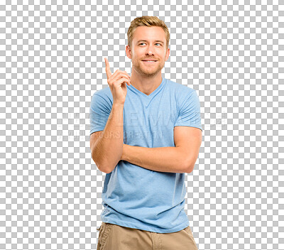Buy stock photo Thinking, idea and young man with a solution for planning while pointing hand gesture for sign. Thoughtful, contemplating and male model from Canada with memory isolated by transparent png background