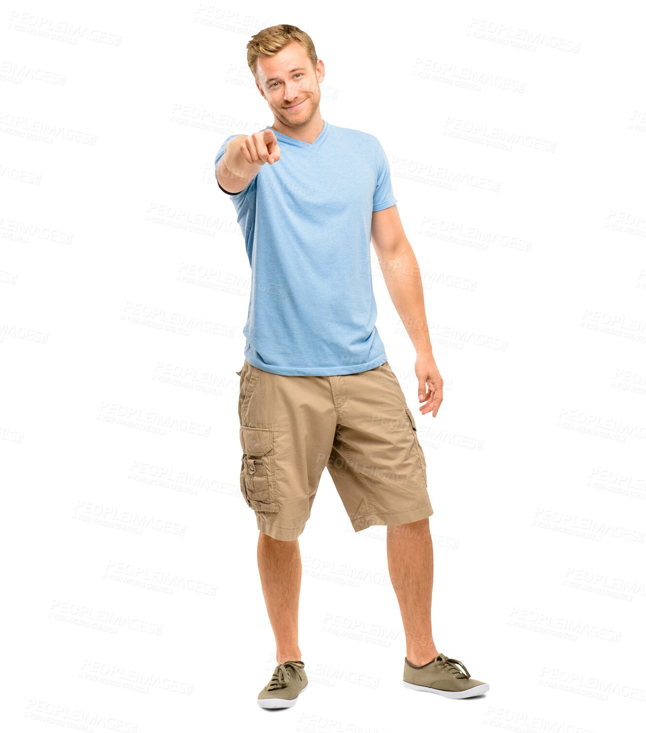 Buy stock photo Hey you, pointing decision and man portrait with a smile isolated on a transparent, png background. Happy, male person and choice with hand sign and casual fashion with confidence and modern style
