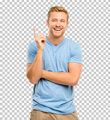 Buy stock photo Thinking, solution and young man with an idea, plan or question with pointing hand gesture. Brainstorming, remember and male model from Canada with memory isolated by a transparent png background.
