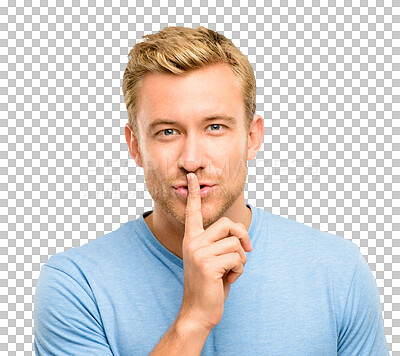 Buy stock photo Man, face and portrait with secret, fingers and gossip while isolated on transparent PNG background. Male person, guy and model with hands on lips for quiet, whisper and private or confidential news