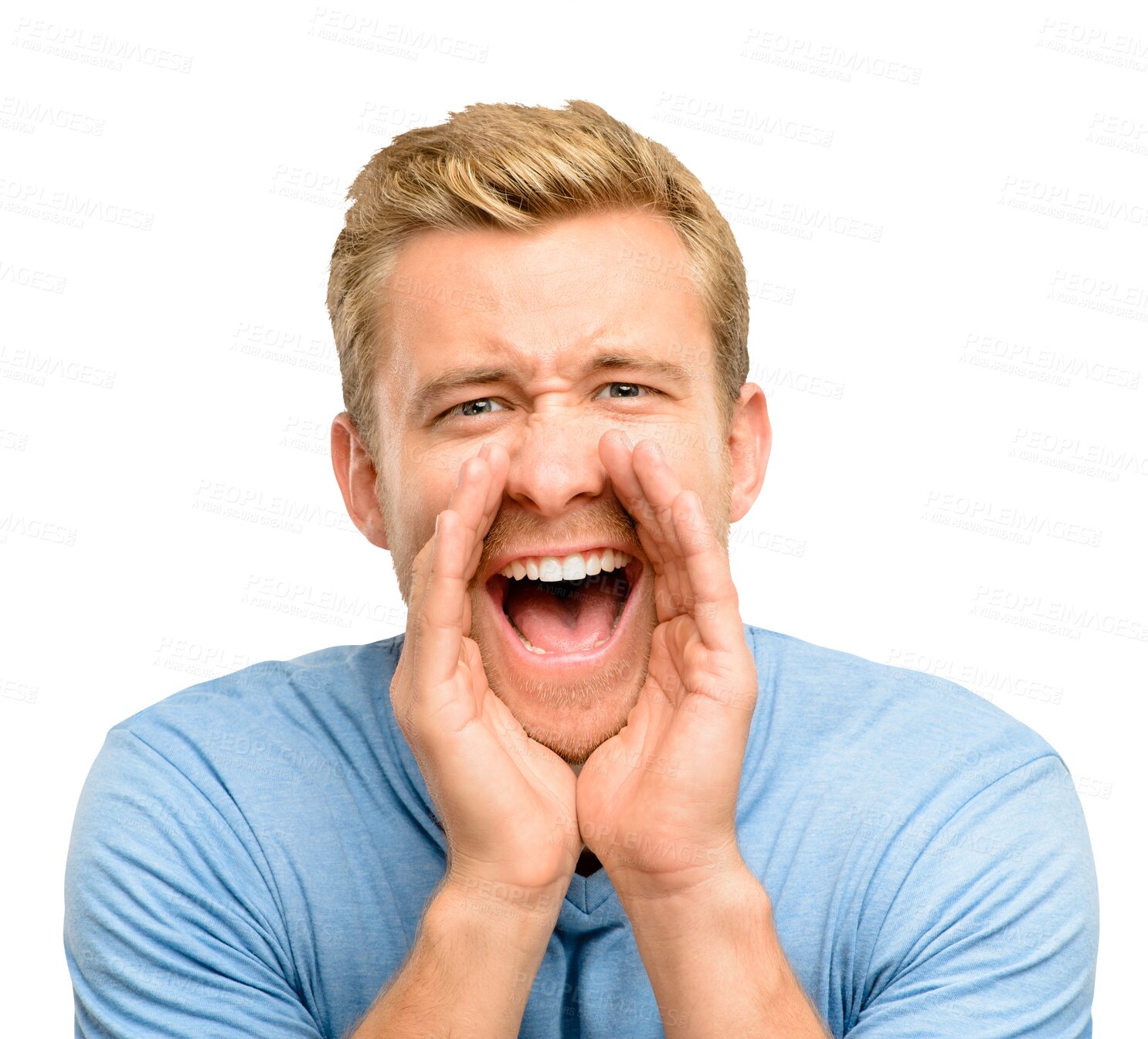 Buy stock photo Loud, voice and portrait of man shouting an announcement for attention isolated in a transparent or png background. Face, hello and frustrated young person angry with mouth open for a scream