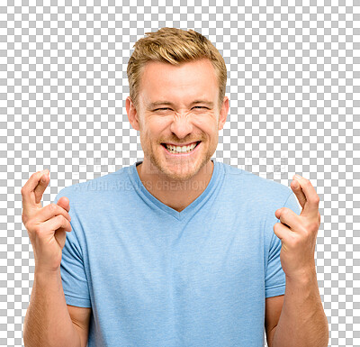 Buy stock photo Happy man, face and portrait with fingers crossed for luck or hope isolated on a transparent PNG background. Excited male person or model smile with finger cross for lucky draw, prize or competition