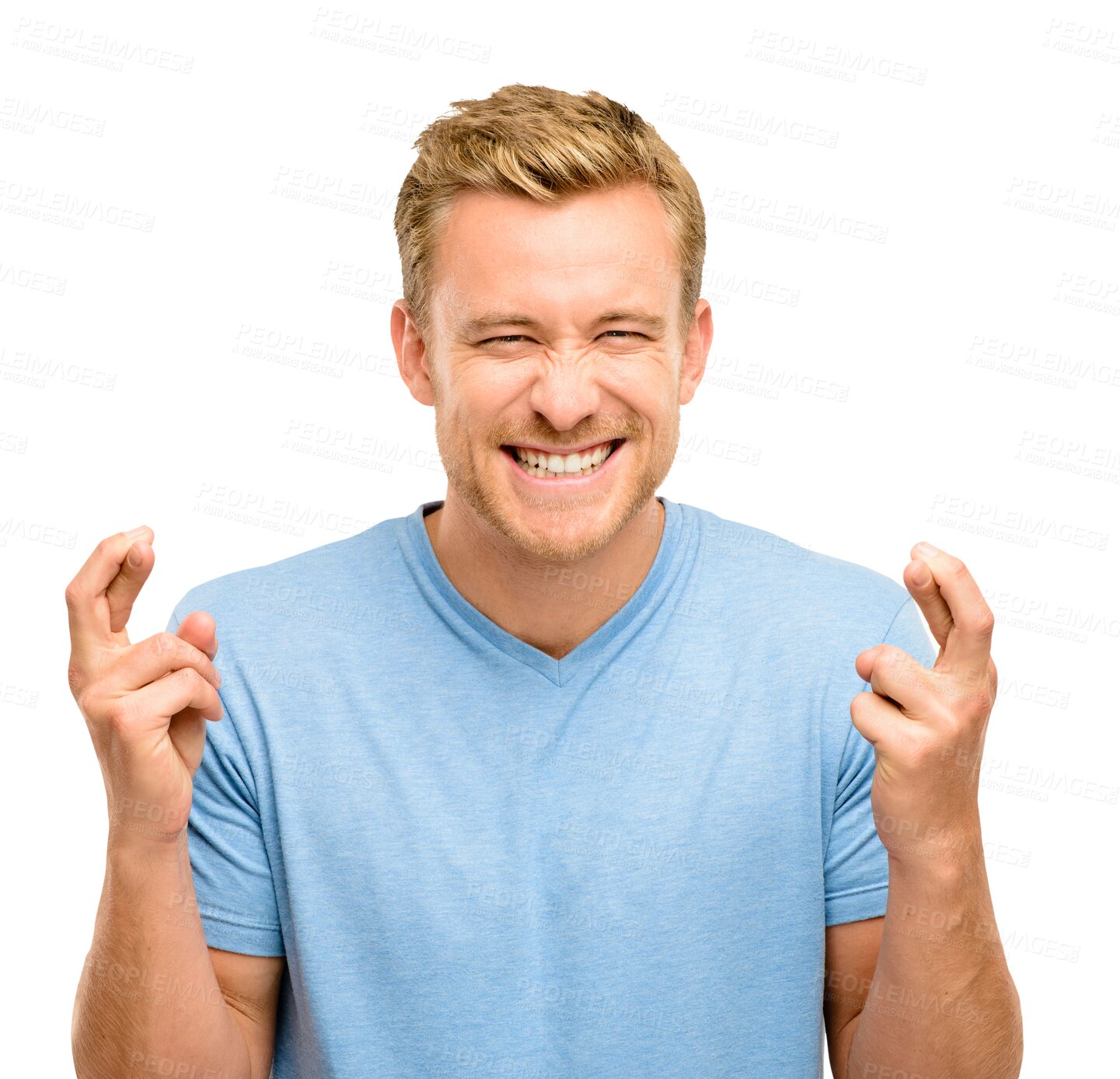 Buy stock photo Happy man, face and portrait with fingers crossed for luck or hope isolated on a transparent PNG background. Excited male person or model smile with finger cross for lucky draw, prize or competition