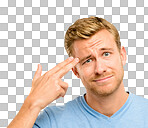 PNG Shot of a handsome young man standing alone in the studio and holding his fingers to his head