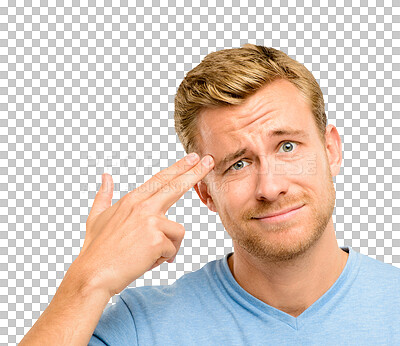 Buy stock photo Finger gun, fail and portrait of man tired with a problem and annoyed expression isolated in a transparent or png background. Bored, frustrated and young person with hand gesture, emoji or sign