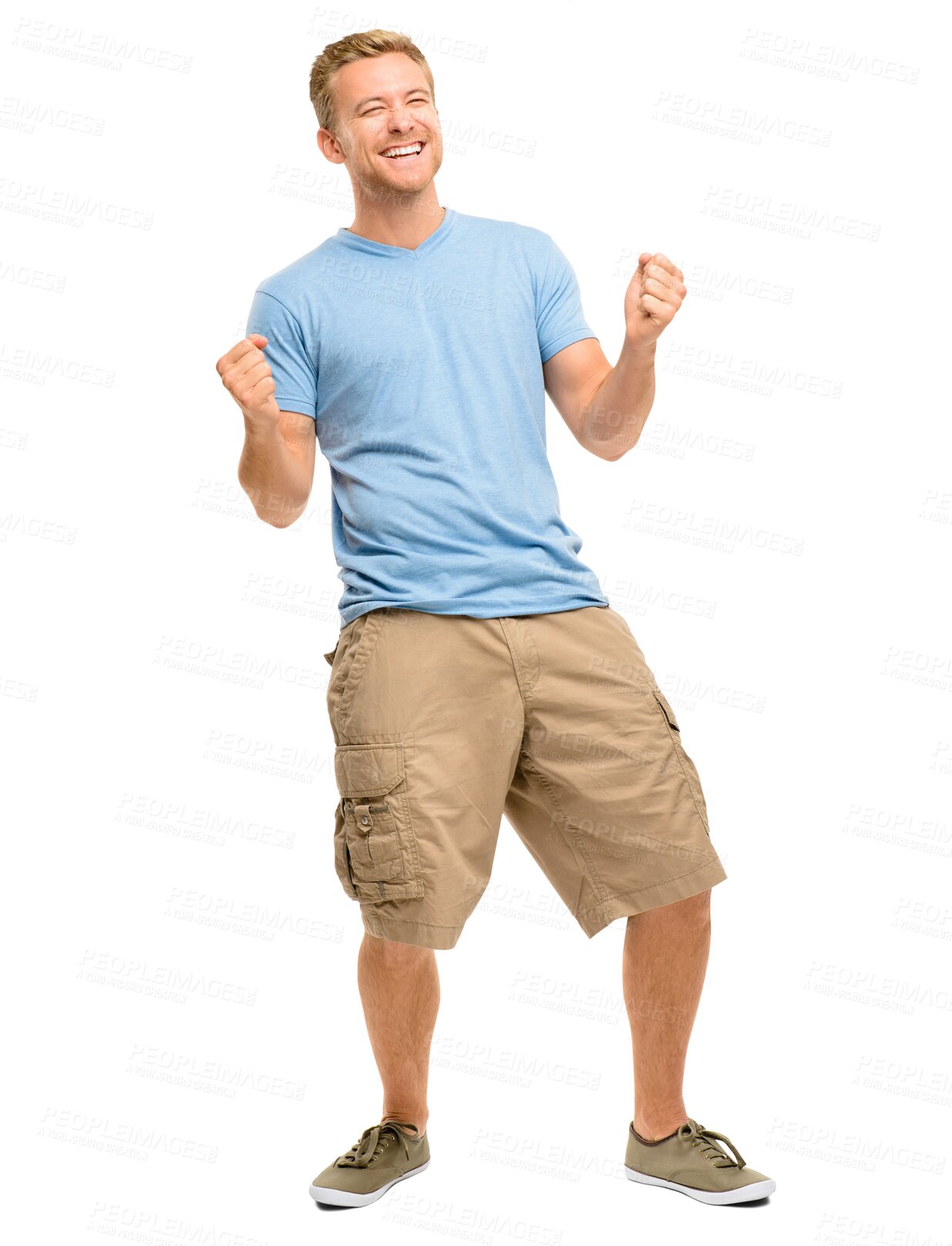 Buy stock photo Happy man, fist and celebration for winning, success or victory of competition isolated on a transparent PNG background. Excited male person or winner in joy for achievement, bonus win or motivation