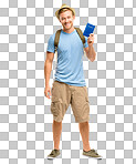 PNG Full length shot of a handsome young tourist standing alone in the studio and holding his passport