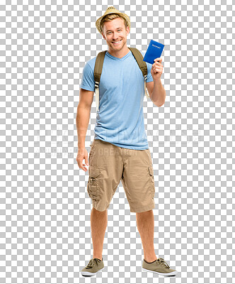 Buy stock photo Happy man, portrait and passport for travel while isolated on a transparent PNG background. Male person, guy or traveler with identification document for pass on vacation, adventure or booking trip