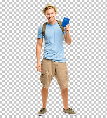 Buy stock photo Happy man, portrait and passport document for travel standing isolated on a transparent PNG background. Male person, guy or traveler with identification or pass for vacation, adventure or traveling