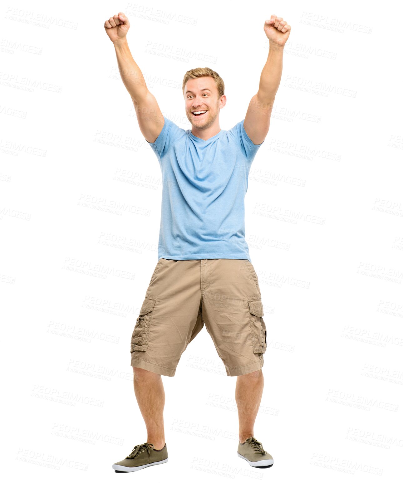 Buy stock photo Happy man, fist and celebration for winning achievement standing isolated on a transparent PNG background. Excited male person, guy or model in joy for victory success in casual fashion or clothing